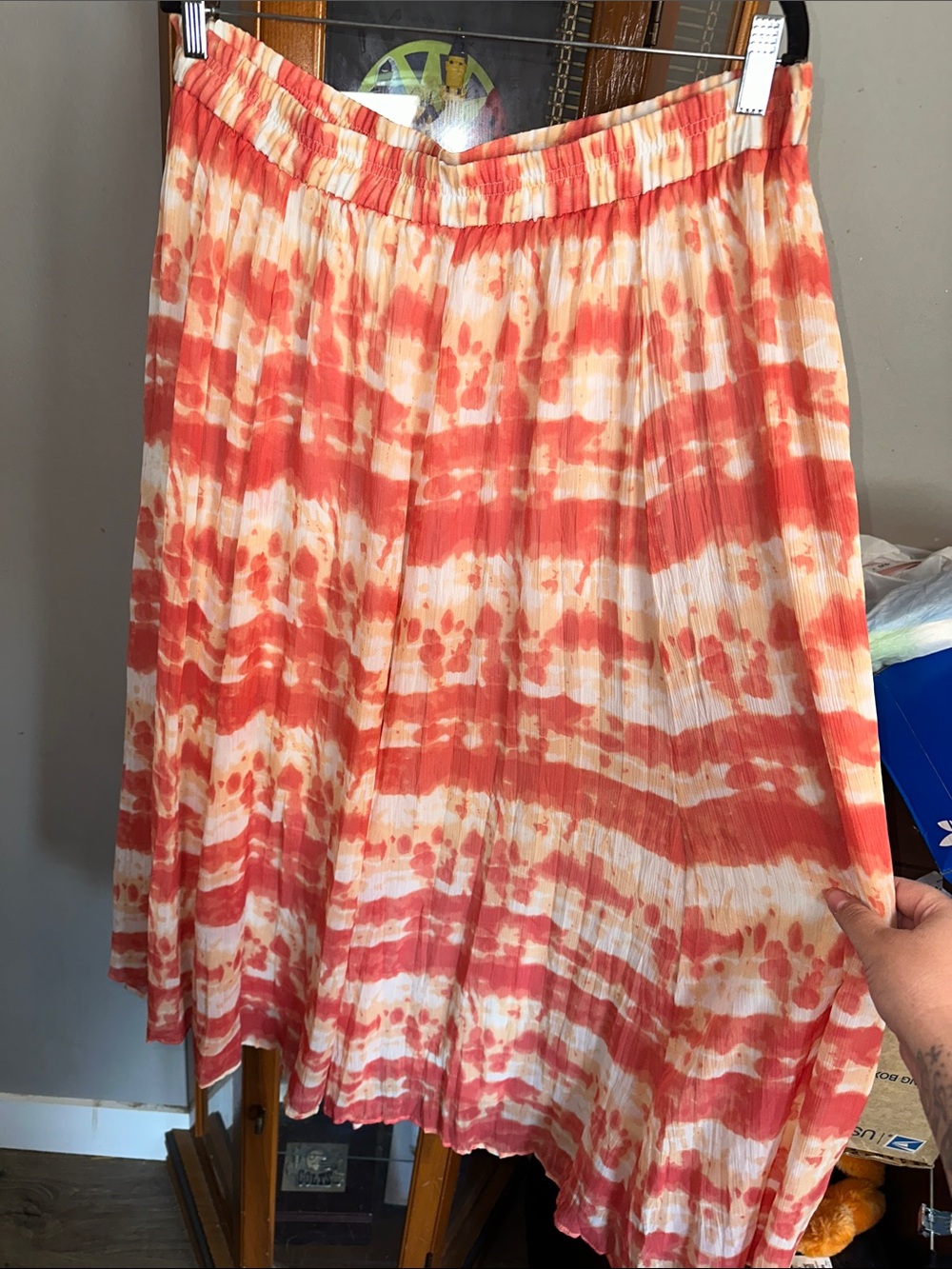 dressbarn Coral and Cream Tie-Dye A-Line Midi Skirt